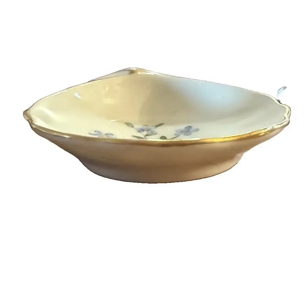 Vintage 1927 E.M. Hand-Painted Porcelain Trinket Dish Forget-Me-Nots Gold Trim